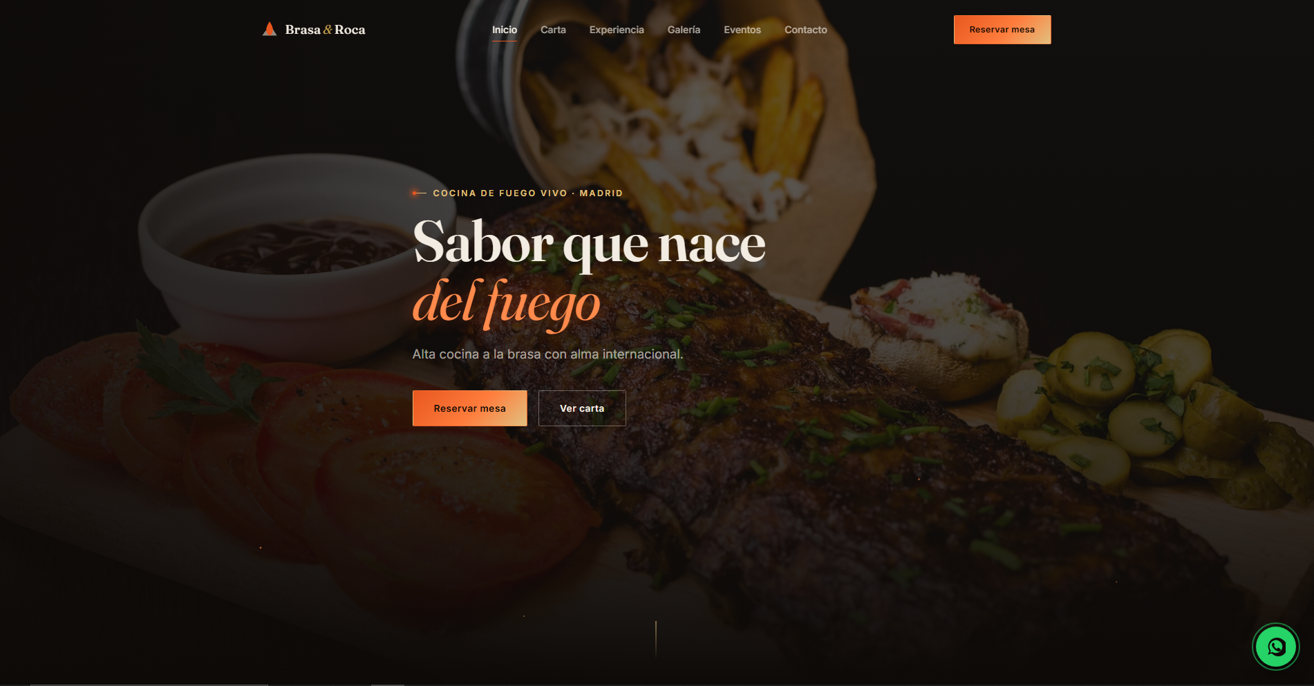 Página de inicio de Brasa & Roca con hero a pantalla completa sobre cocina a la brasa