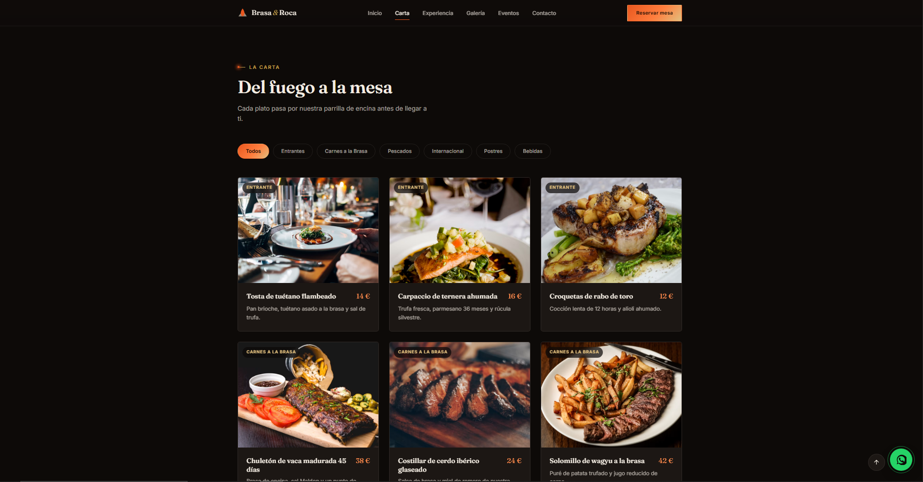 Carta digital de Brasa & Roca con cortes de carne, pescados a la piedra y maridajes