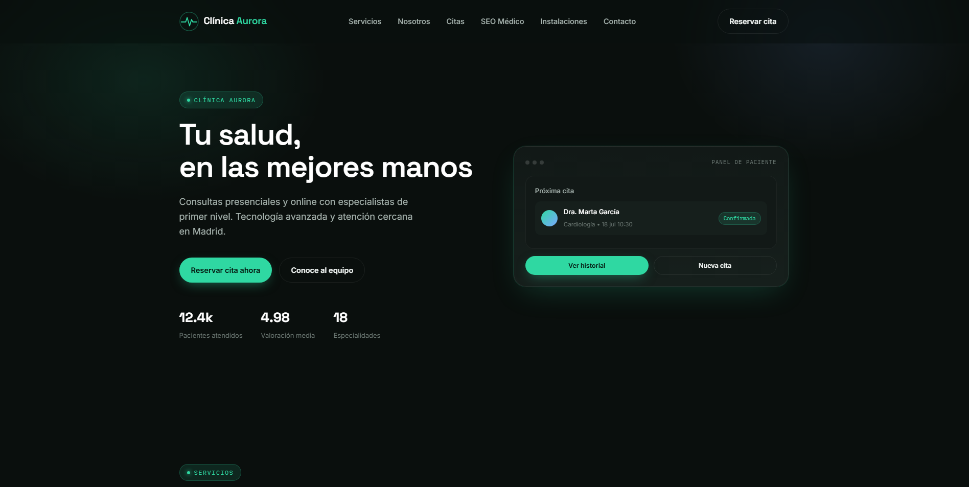Diagrama de transformación digital de Clínica Aurora: de web estática a estrategia de captación de pacientes