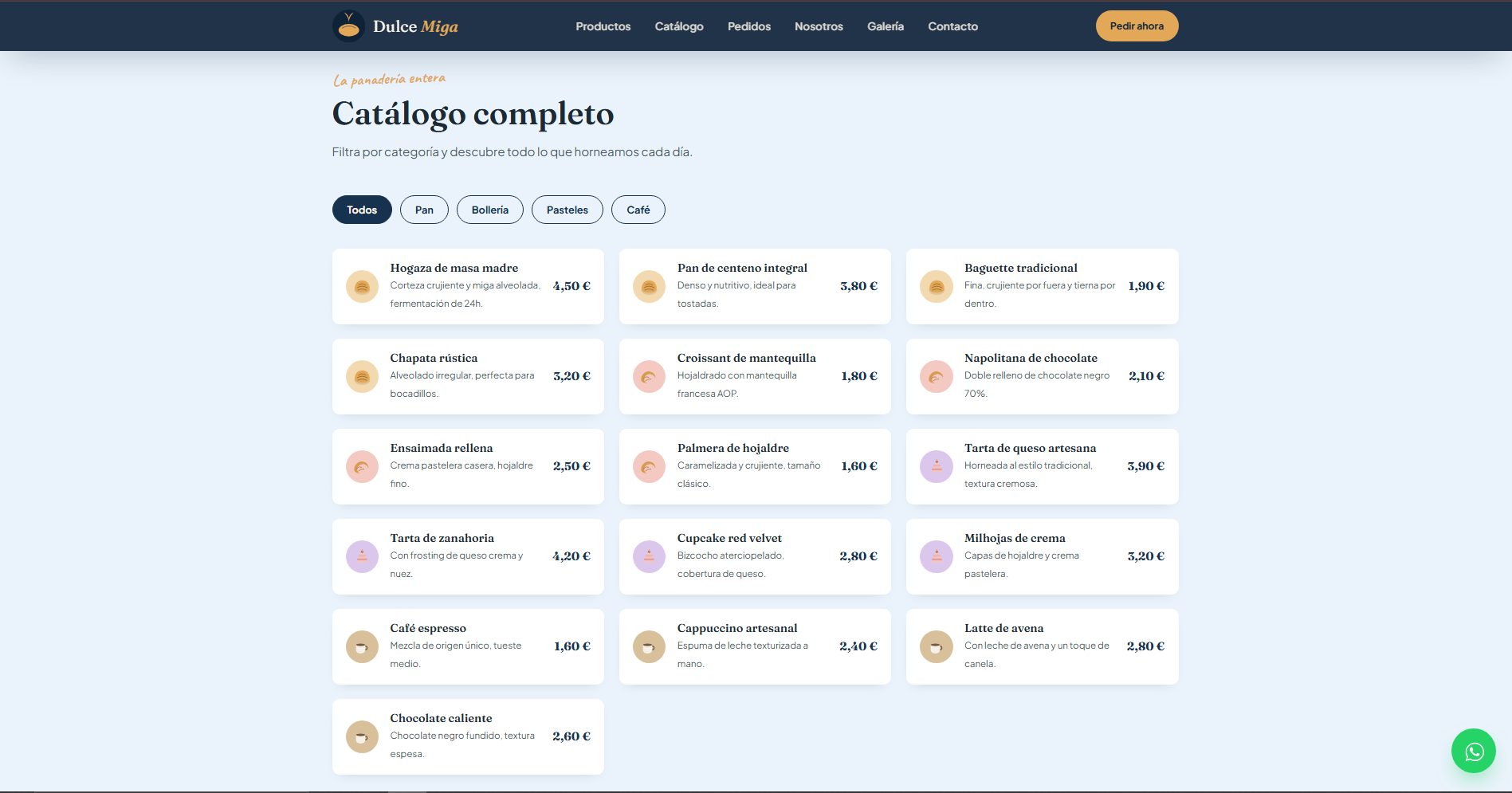 Diagrama de transformación digital de Dulce Miga: de pedidos por WhatsApp a tienda online con catálogo y SEO local