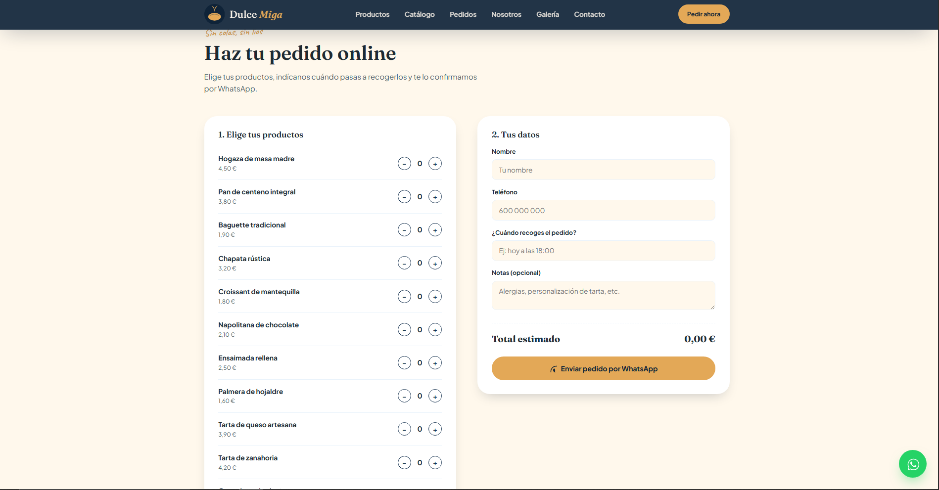 Diagrama de transformación digital de Dulce Miga: de pedidos por WhatsApp a tienda online con catálogo y SEO local