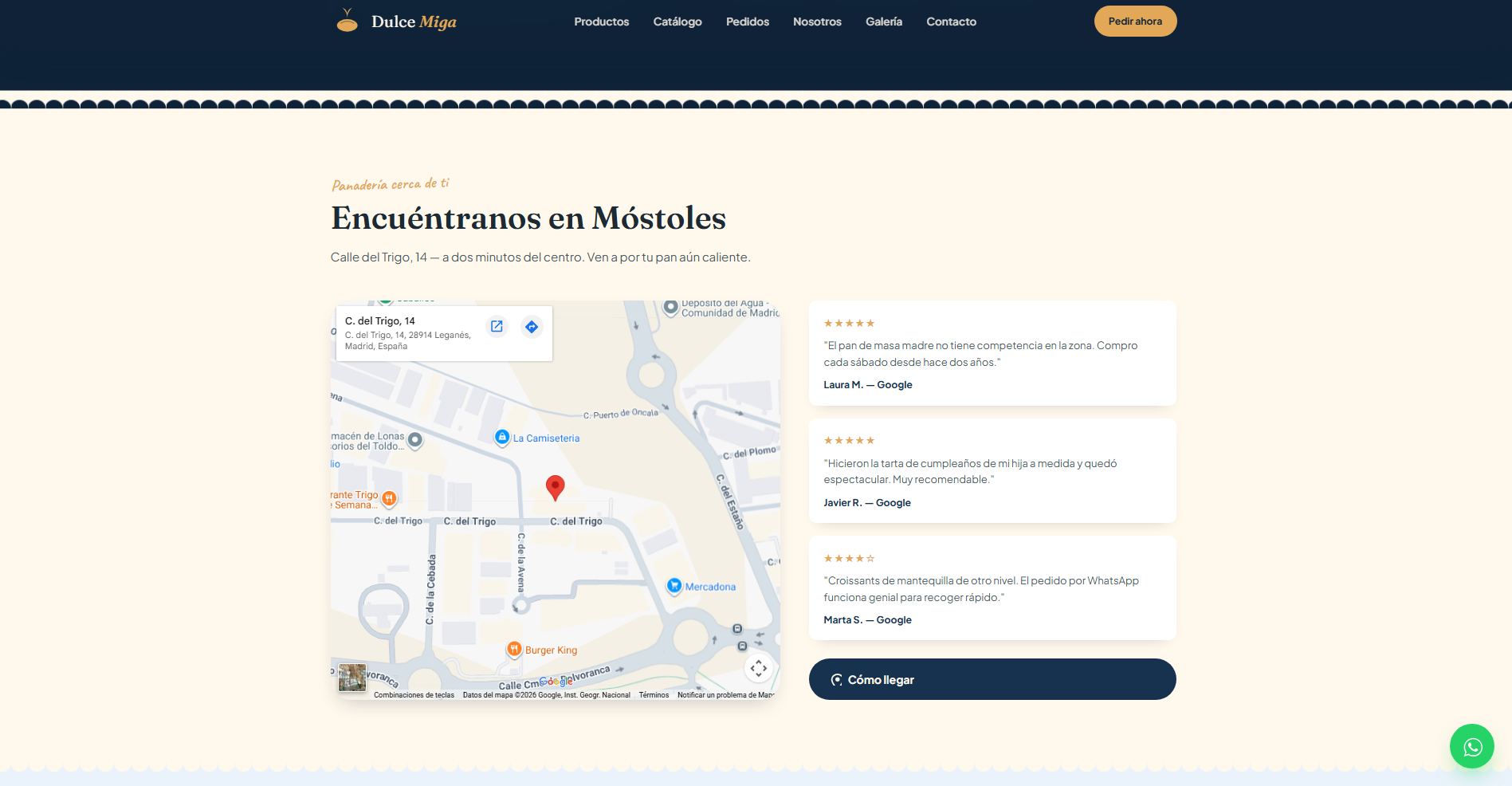 Diagrama de transformación digital de Dulce Miga: de pedidos por WhatsApp a tienda online con catálogo y SEO local