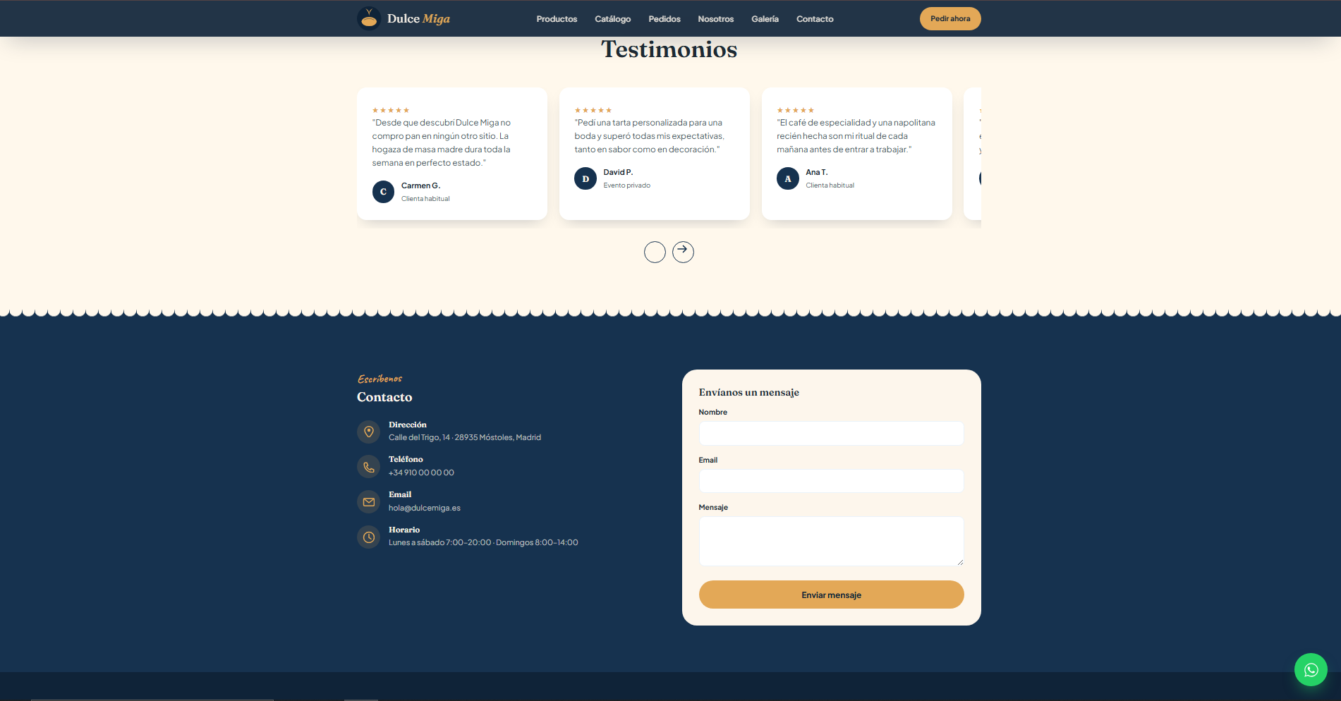 Diagrama de transformación digital de Dulce Miga: de pedidos por WhatsApp a tienda online con catálogo y SEO local