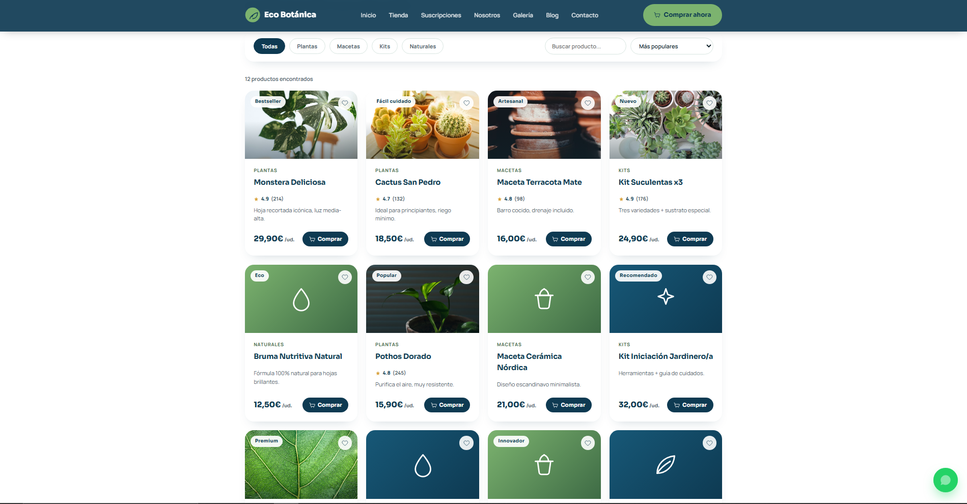 Catálogo de plantas, macetas y kits de Eco Botánica con filtros por categoría