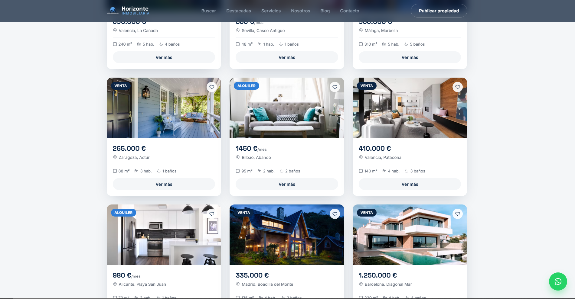 Buscador avanzado de Horizonte Inmobiliaria con filtros de ubicación, precio, habitaciones y extras