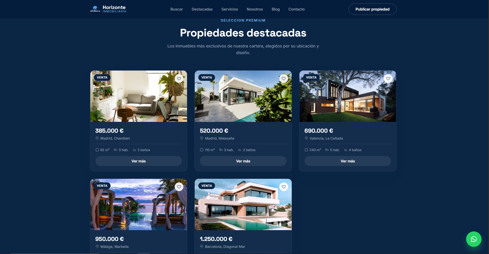 Listado de propiedades destacadas de Horizonte Inmobiliaria con fichas verificadas