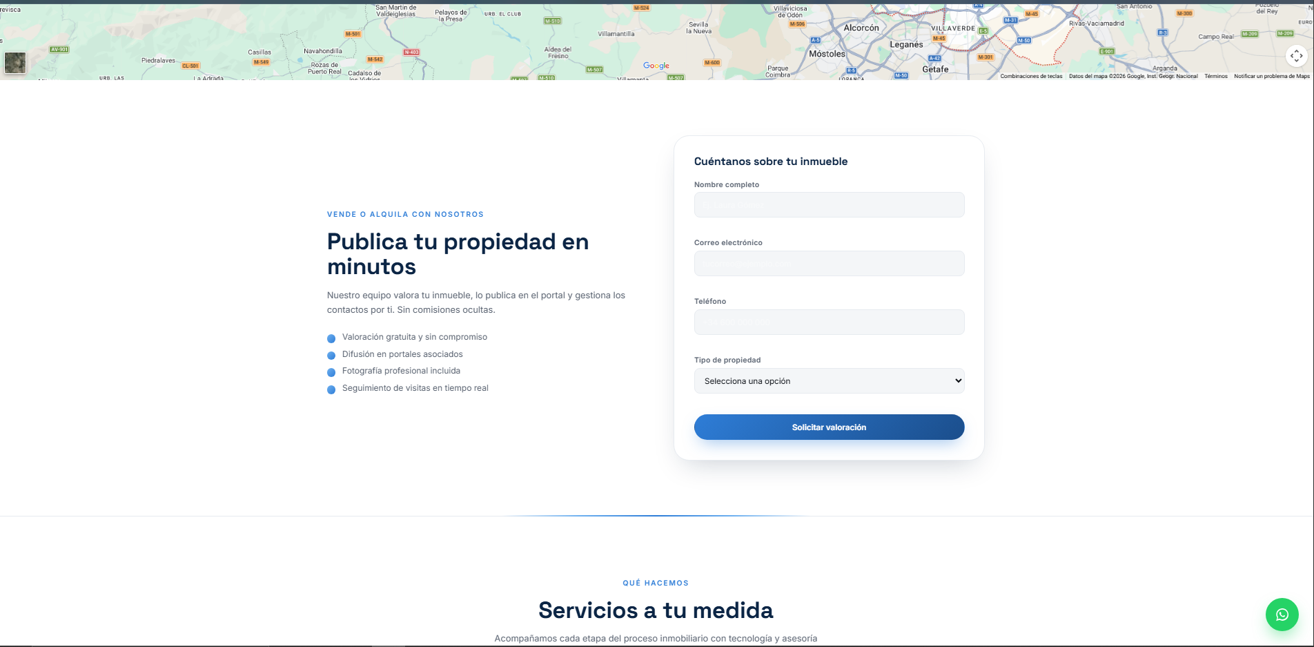 Sección de servicios y estadísticas de confianza de Horizonte Inmobiliaria