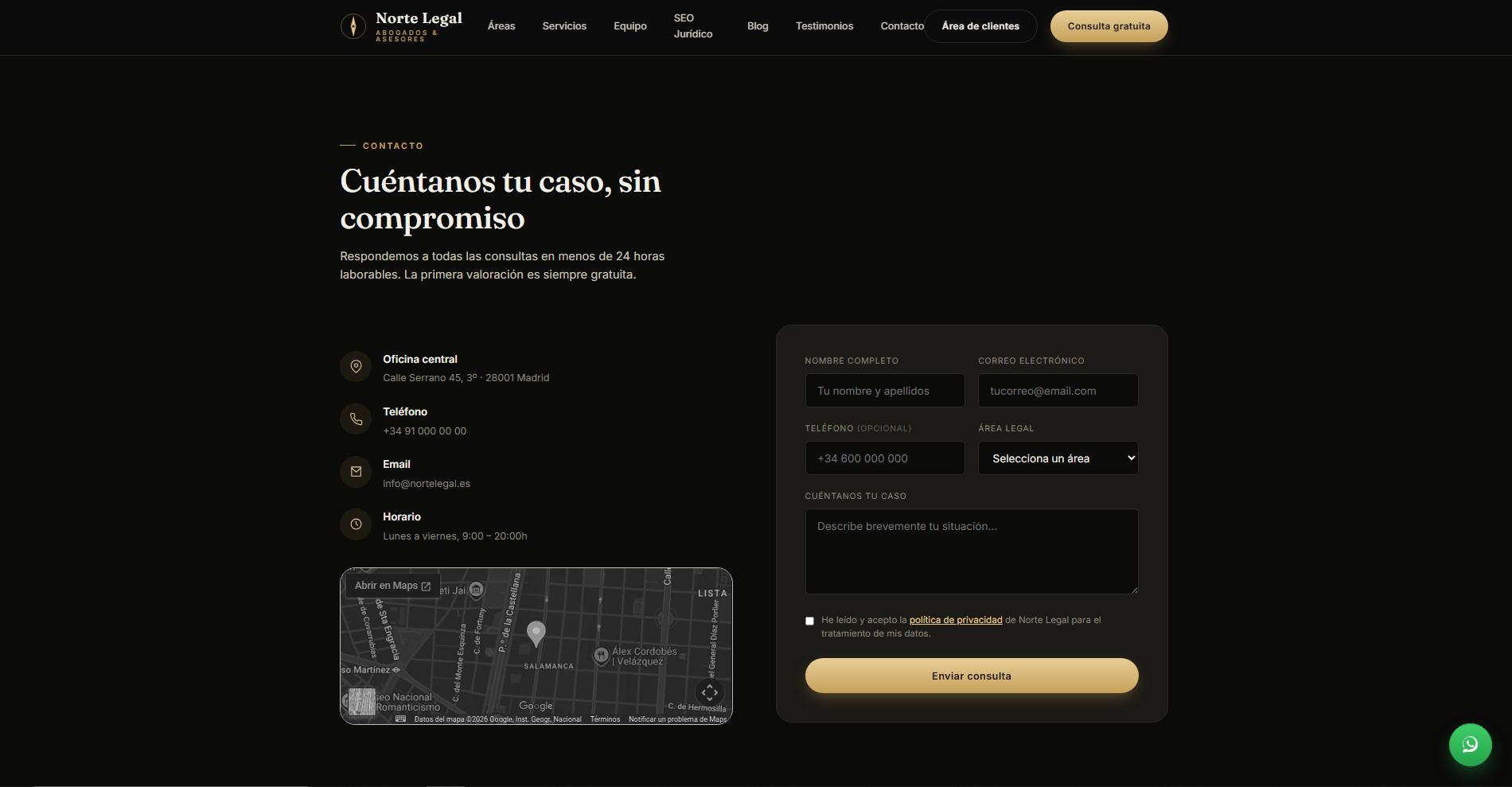 Diagrama de transformación digital de Norte Legal: de web estática a estrategia digital y captación de leads