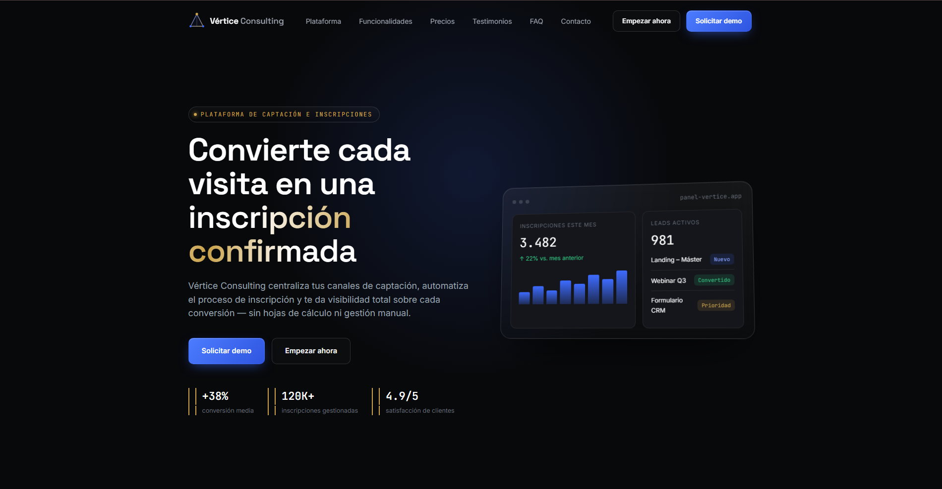 Vista de la nueva home de Vértice Consulting con la plataforma de inscripciones