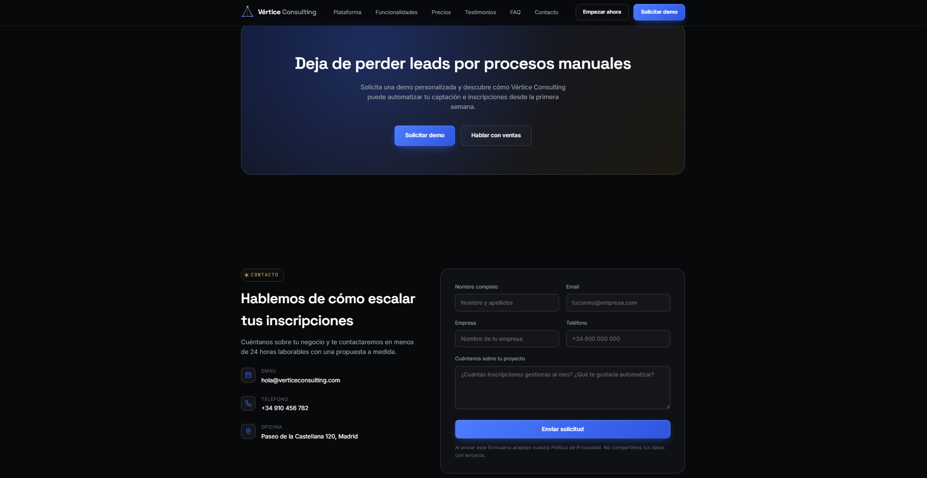 Panel de control interno del gestor de inscripciones de Vértice